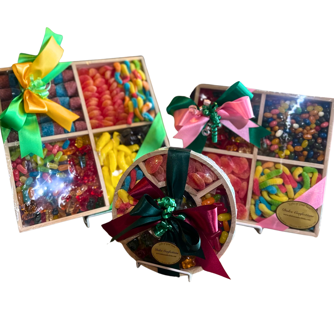 Custom candy board filled with gummies, sour belts, and assorted sweets.