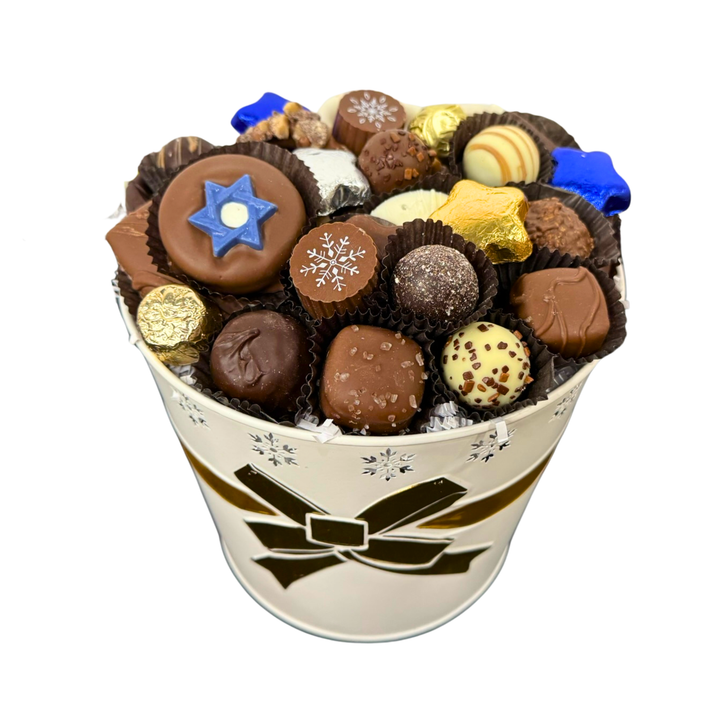 White Hanukkah chocolate bucket with blue Star of David assorted chocolates Hewlett NY