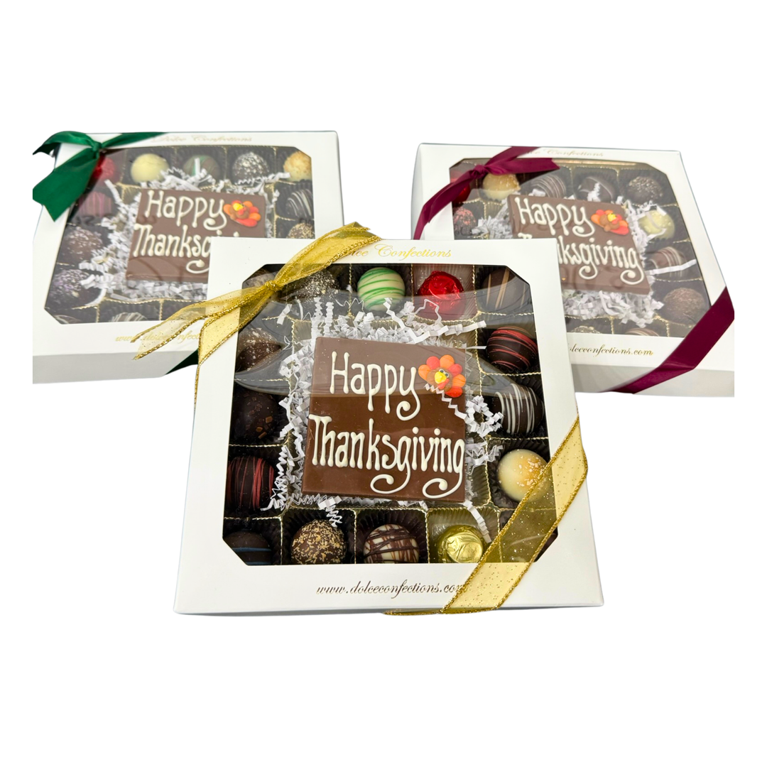 Thanksgiving message box with handcrafted Belgian chocolates Dolce Confections Hewlett NY