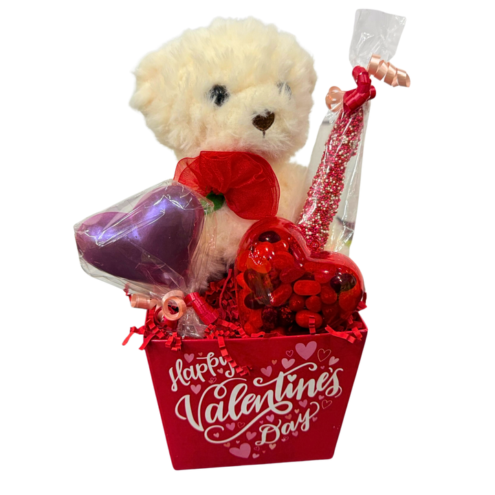 Chocolate and candy Valentine’s gift box with stuffed animal and treats
