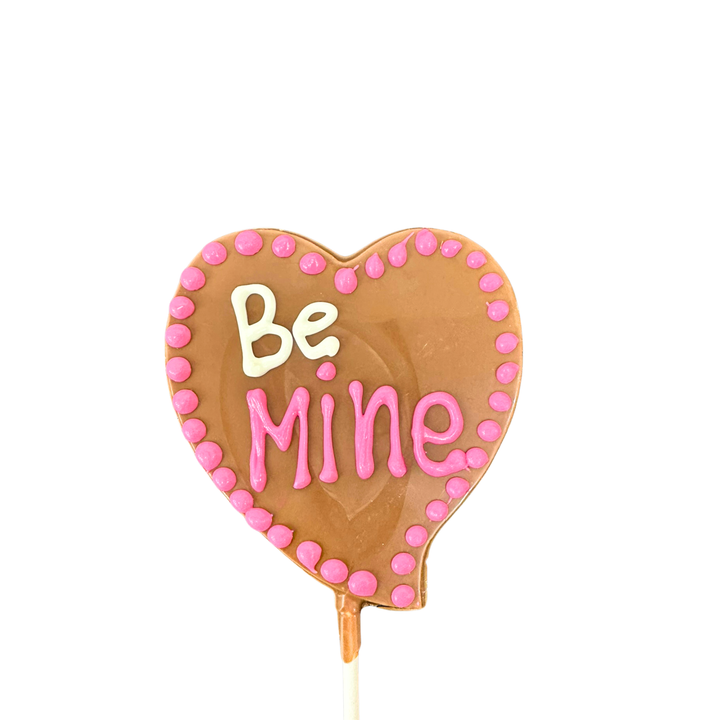 Milk chocolate Valentine message pops with pink and white lettering