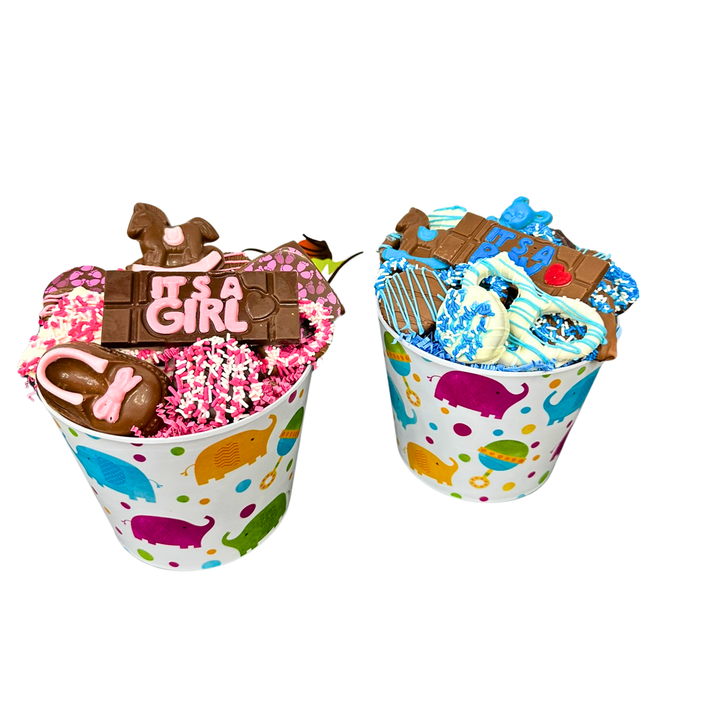 Baby bucket filled with assorted gourmet chocolates Dolce Confections Hewlett NY