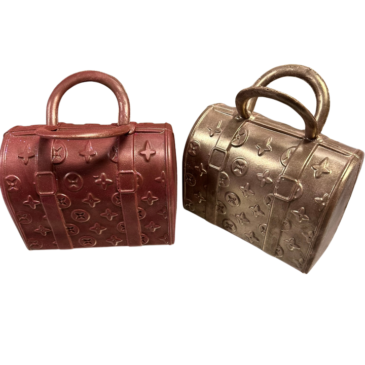 Chocolate handbag gift box made from premium milk chocolate with elegant metallic finish
