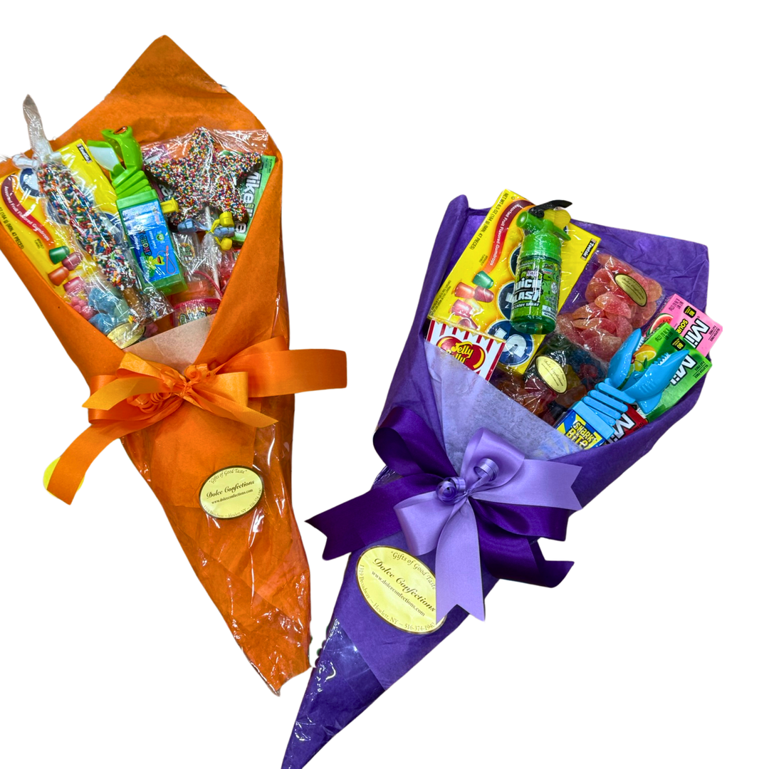Candy bouquet arranged with colorful gummies, lollipops, and sour candy sticks