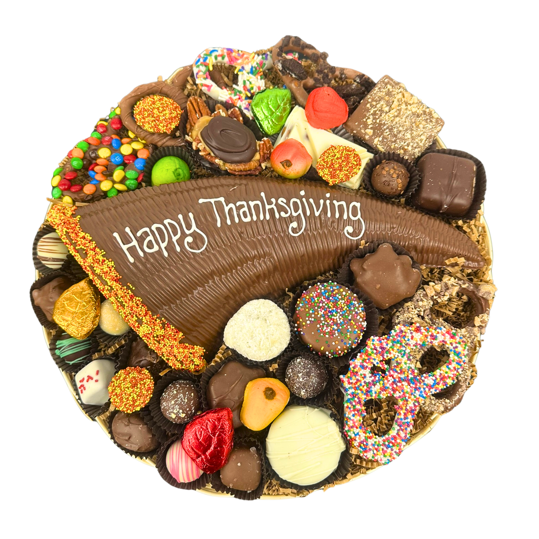 Edible chocolate cornucopia centerpiece with assorted premium chocolates Long Island