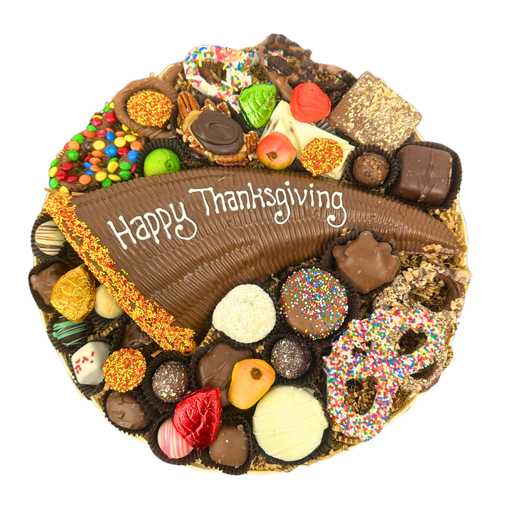 Edible chocolate cornucopia centerpiece with assorted premium chocolates Long Island