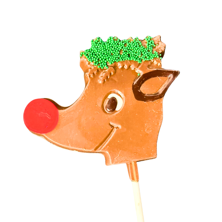 Milk chocolate Christmas pop with festive icons reindeer.