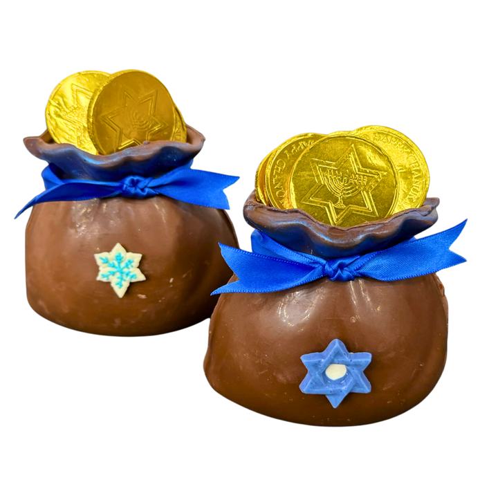 Edible Hanukkah sack made of Belgian chocolate filled with gelt coins Dolce Confections Hewlett NY