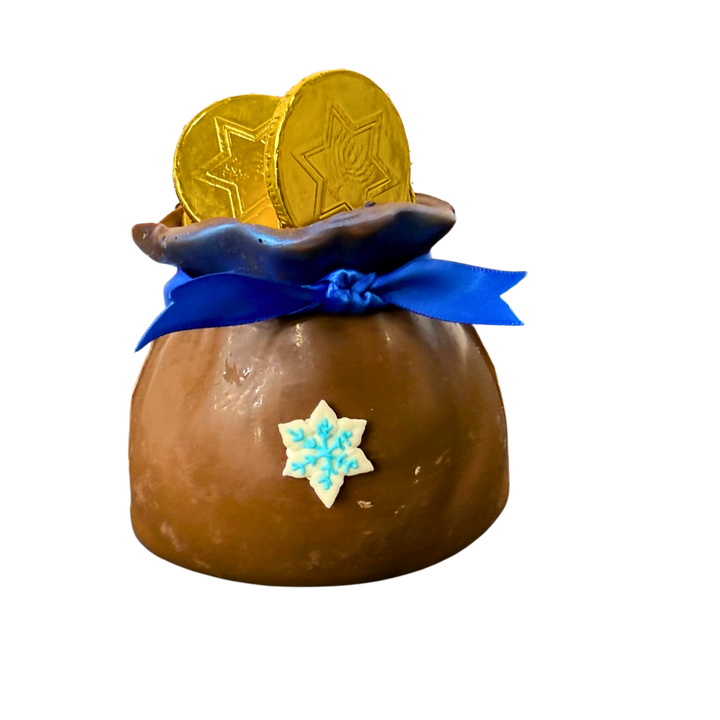 Hand-decorated chocolate Hanukkah sack in blue silver gold festive ribbon Dolce Confections