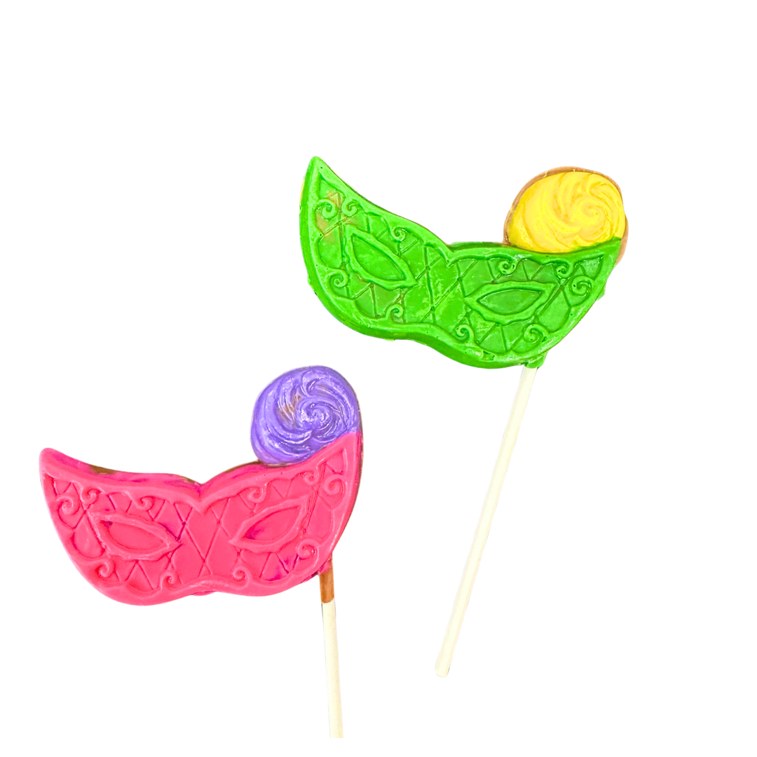 Purim themed chocolate pops decorated with colorful festive designs
