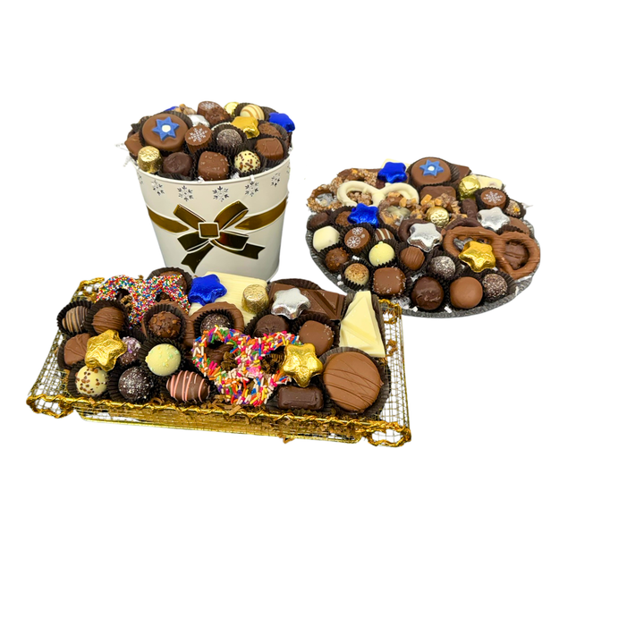 Hanukkah chocolate gift basket with blue and silver accents Dolce Confections Hewlett NY