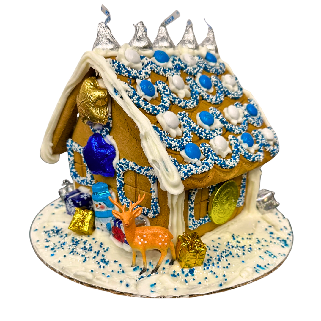 Hanukkah Decorated House – Handcrafted Blue & Silver Gingerbread Creation