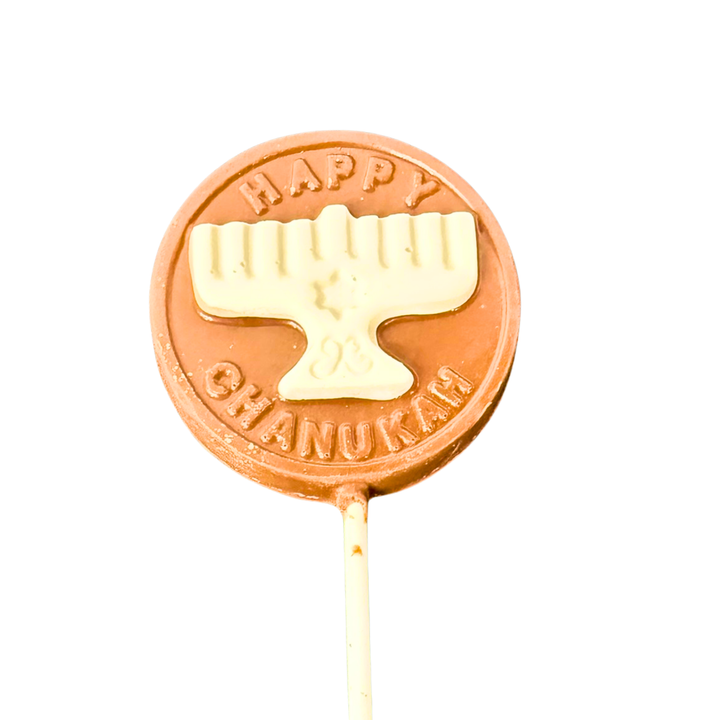 Happy Chanukah milk chocolate pop with white menorah in the center
