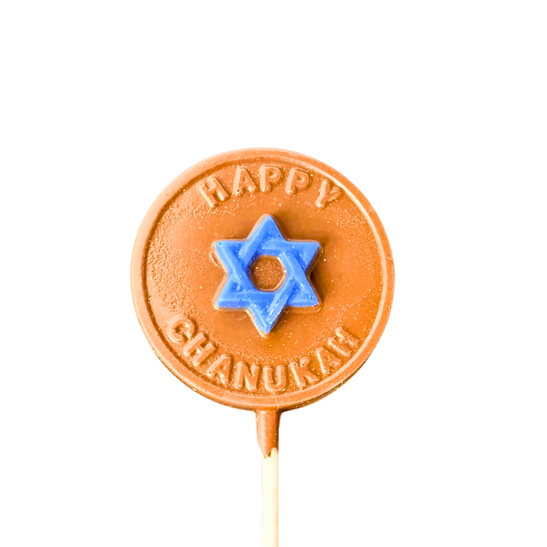 Happy Hanukkah chocolate pop with blue star circle design in milk chocolate
