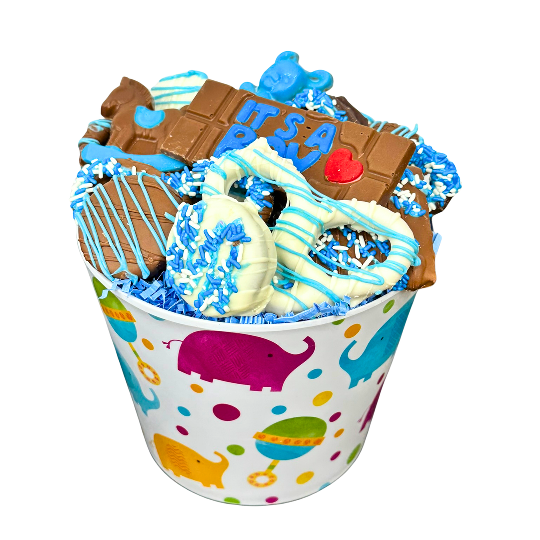Baby bucket chocolate gift ideal for baby shower, gender reveal, or newborn