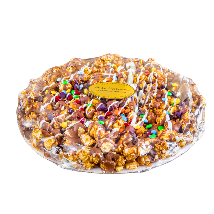 Chocolate Pretzel and Caramel Popcorn Pizzas