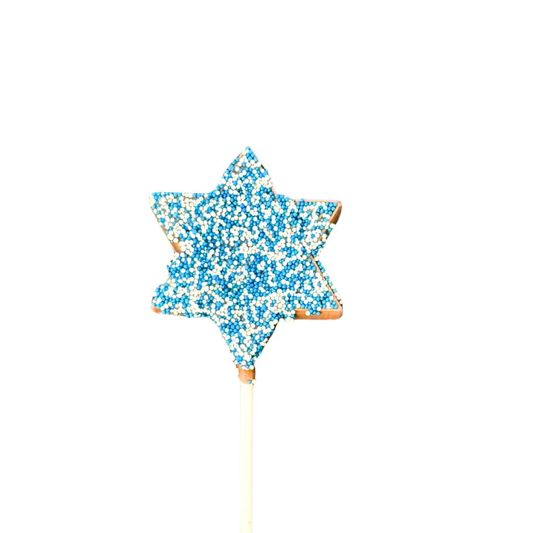 Hanukkah chocolate pop with blue white silver sprinkles festive holiday treat
