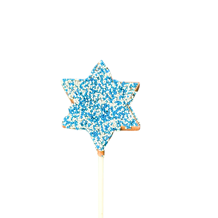 Hanukkah chocolate pop with blue white silver sprinkles festive holiday treat
