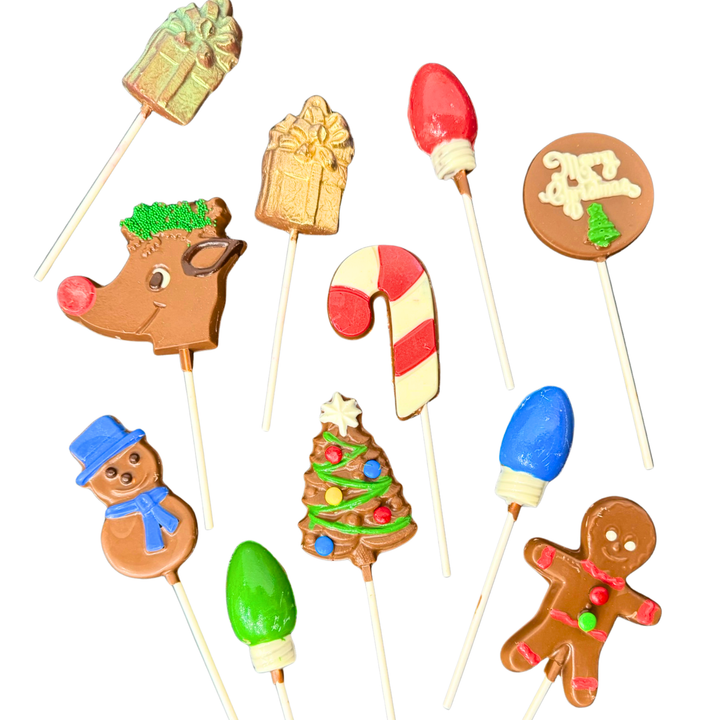 Christmas chocolate pop assortment milk dark white handcrafted by Dolce Confections Hewlett NY