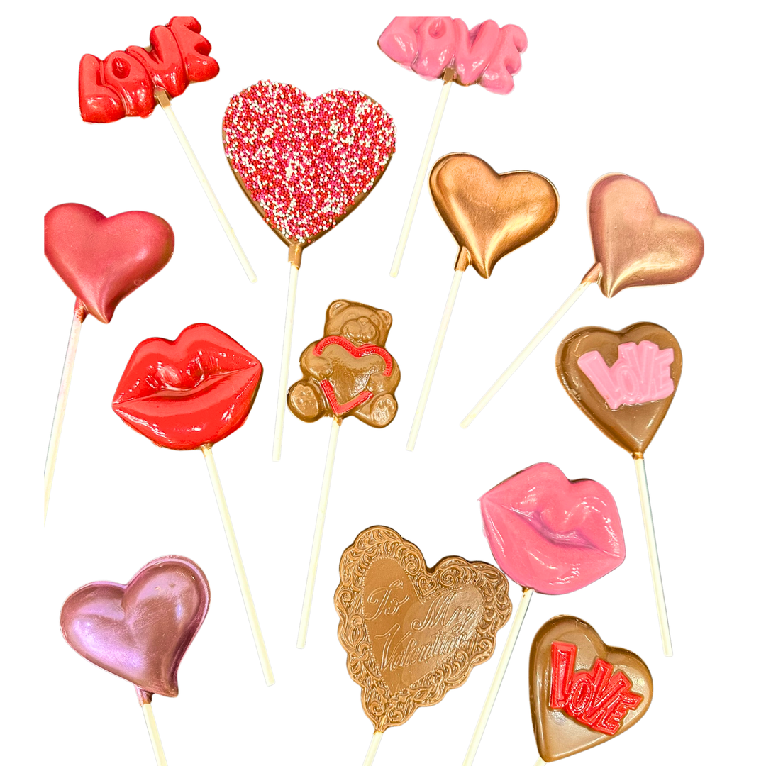 Valentine’s Day chocolate pops in red, pink, and gold heart and love shapes
