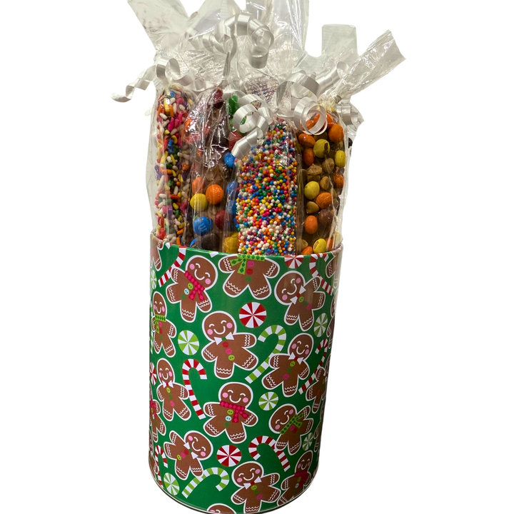 Holiday pretzel tin gift milk chocolate rods Hewlett NY local delivery available