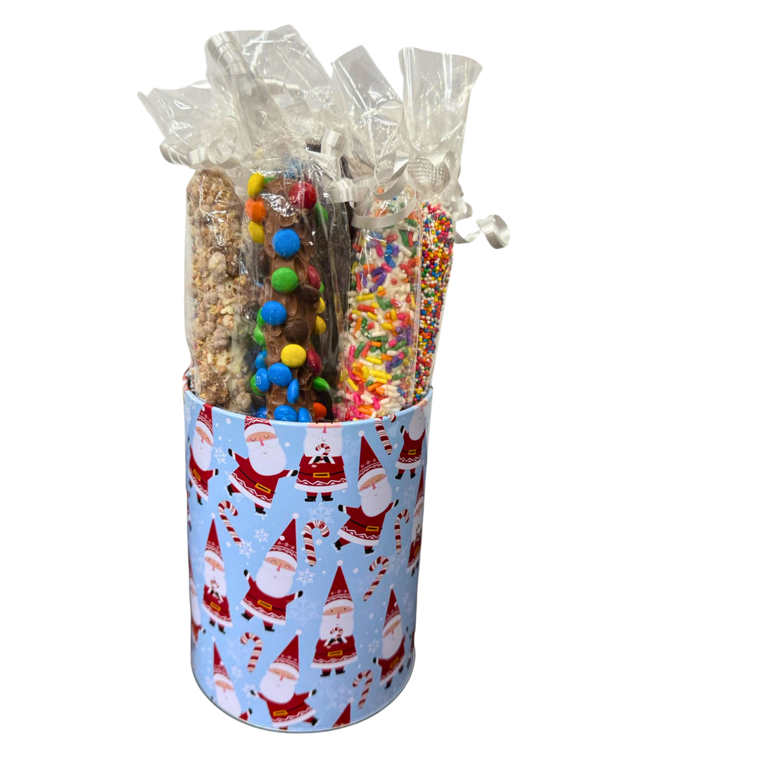 Assorted chocolate covered pretzels in festive tin gift Hewlett Long Island