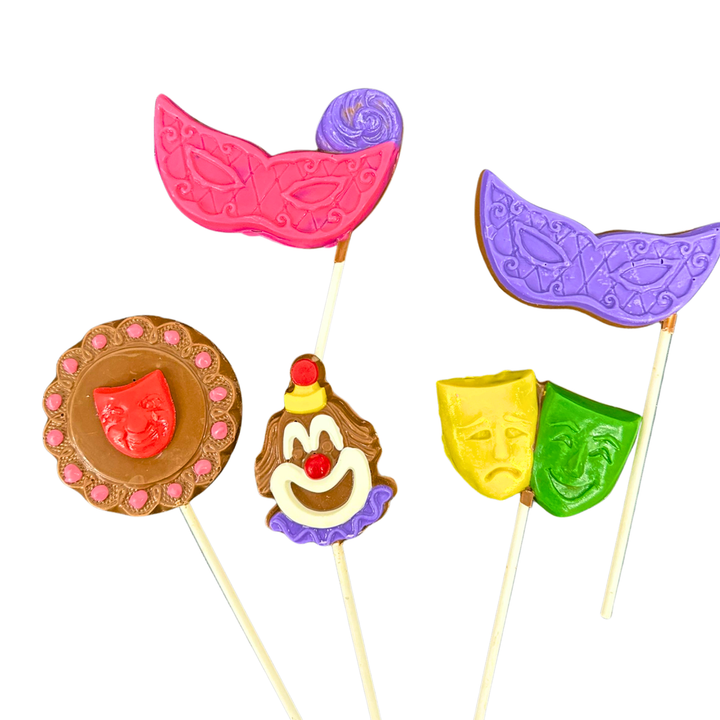 Purim themed chocolate pops with festive holiday decorations
