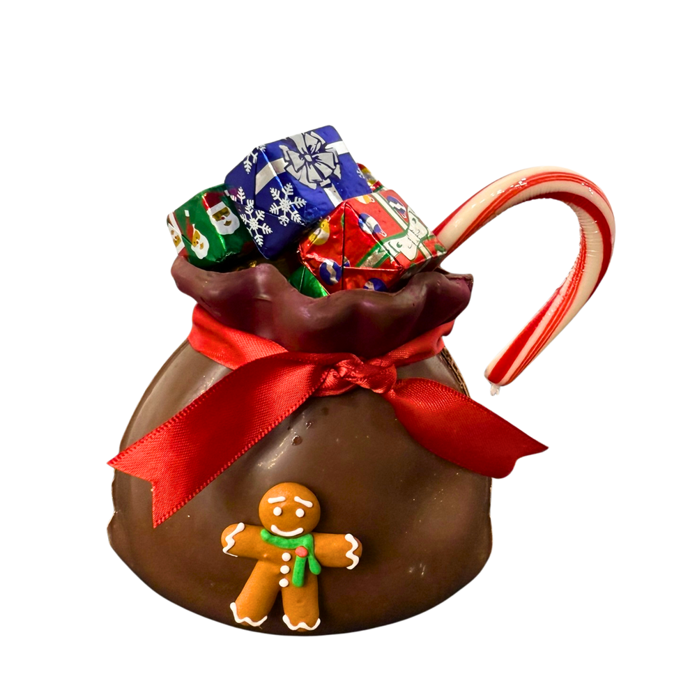Festive chocolate Santa sack perfect for holiday gifting, corporate treat or centerpiece