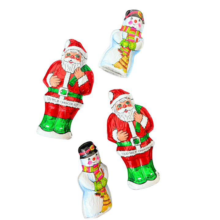 Foiled Santa and snowman milk chocolate individually wrapped in festive foil Dolce Confections