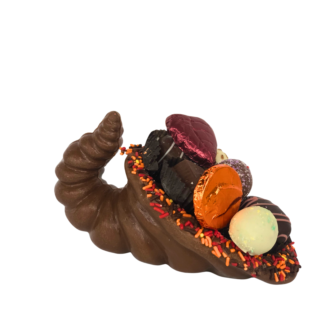 Large chocolate cornucopia 16″ x 7″ x 9″ weighing 4 lbs, perfect for Thanksgiving gifting or display.