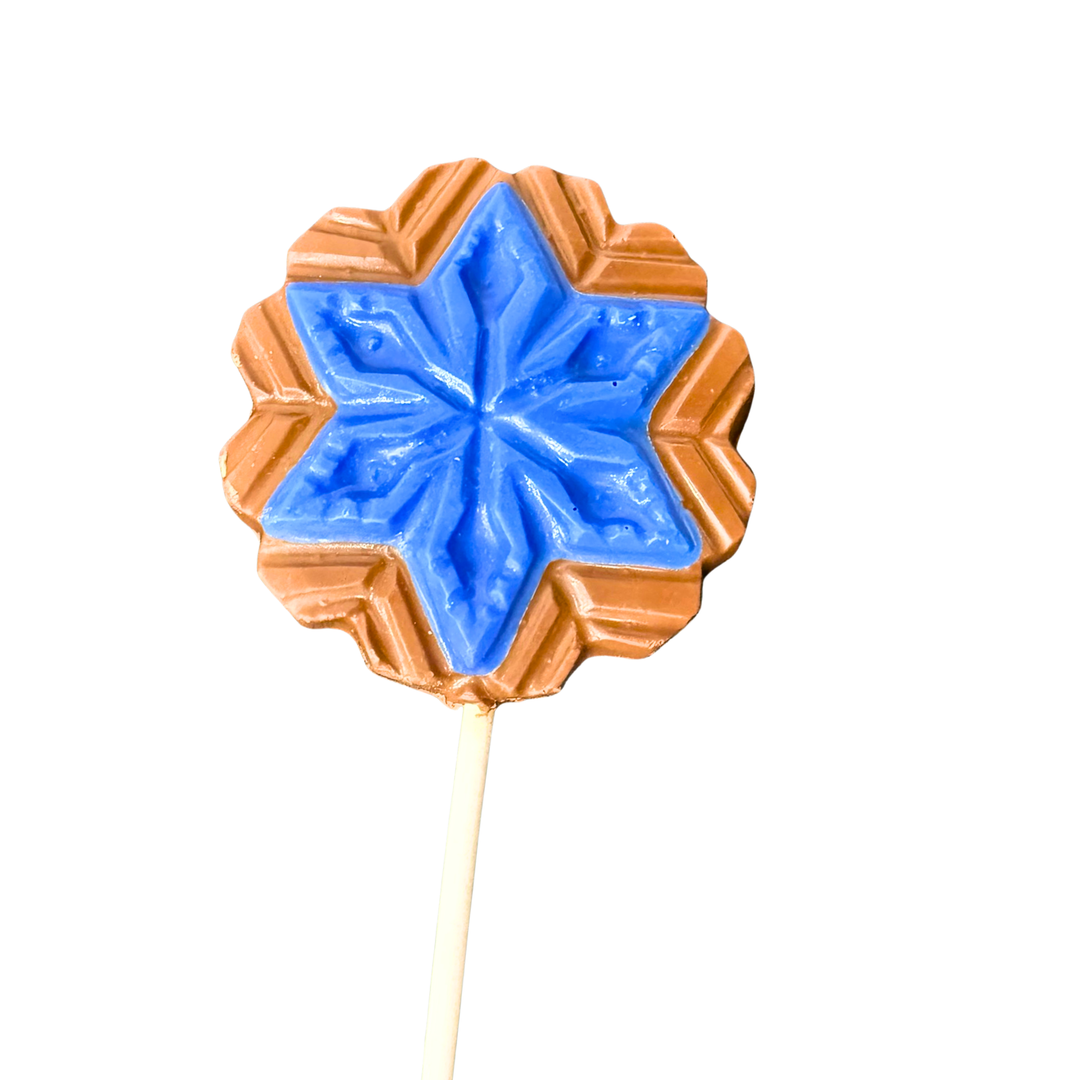 Milk chocolate Hanukkah pop with blue snowflake in the center
