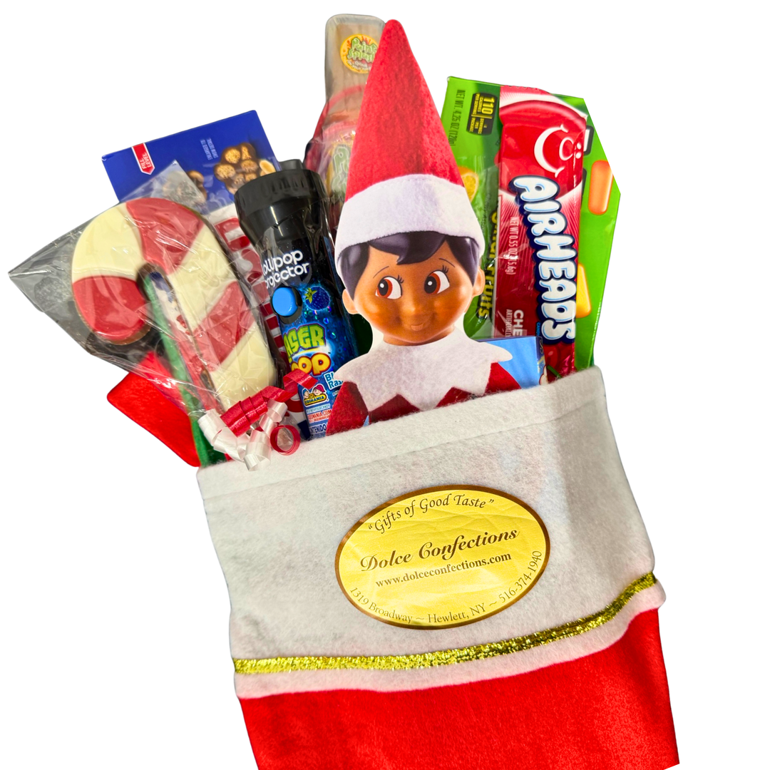 Christmas candy stocking filled with assorted holiday candies and chocolate pop Dolce Confections