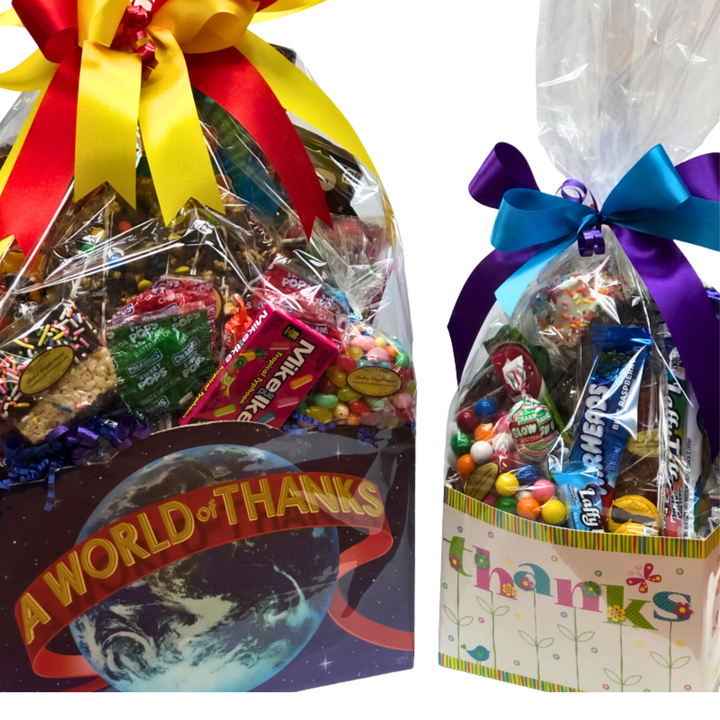 Assorted candy tote featuring gummies, chocolates, and foiled candy in a festive package