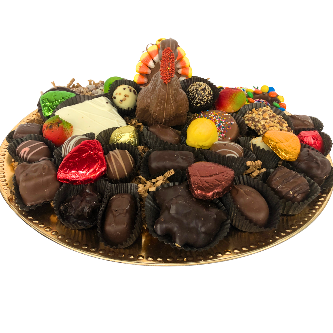 Turkey shaped chocolate platter in assorted chocolate types, perfect for gifting or entertaining