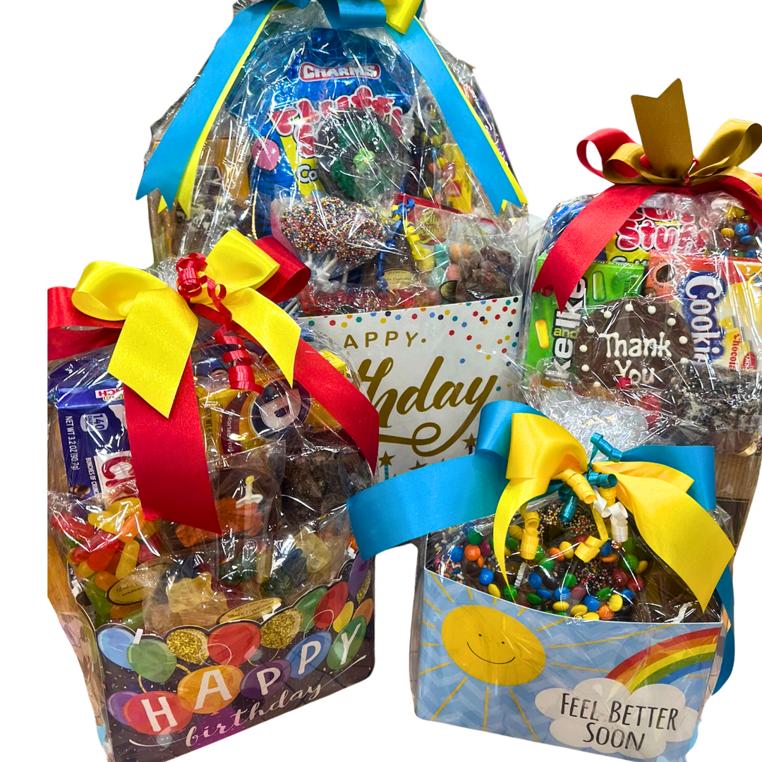 Colorful candy tote with seasonal treats, perfect for birthdays or holiday gifting.