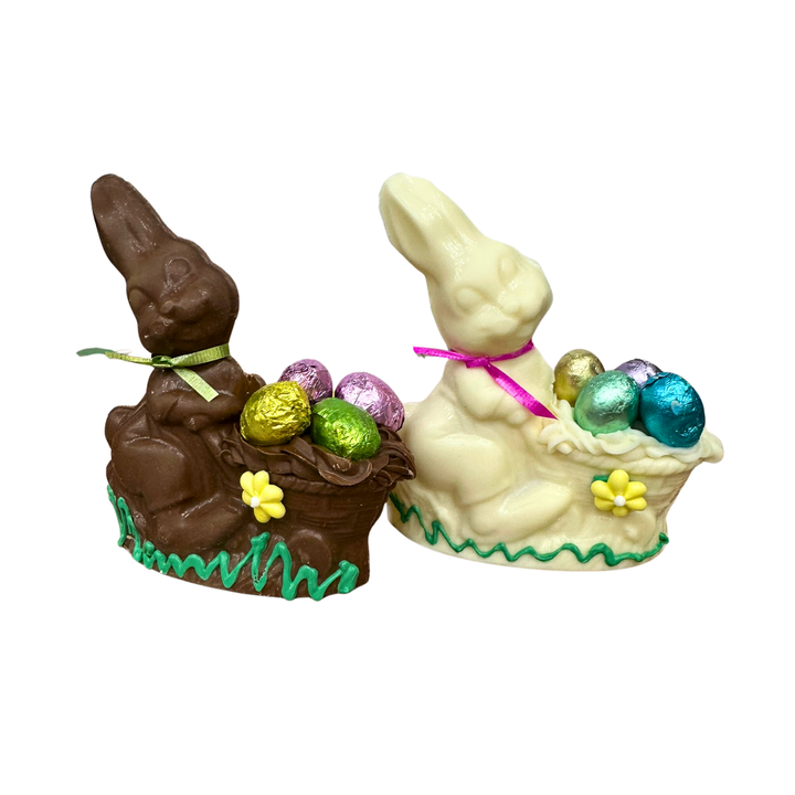 Milk chocolate and white chocolate bunny wheelbarrow Easter figures with chocolate eggs