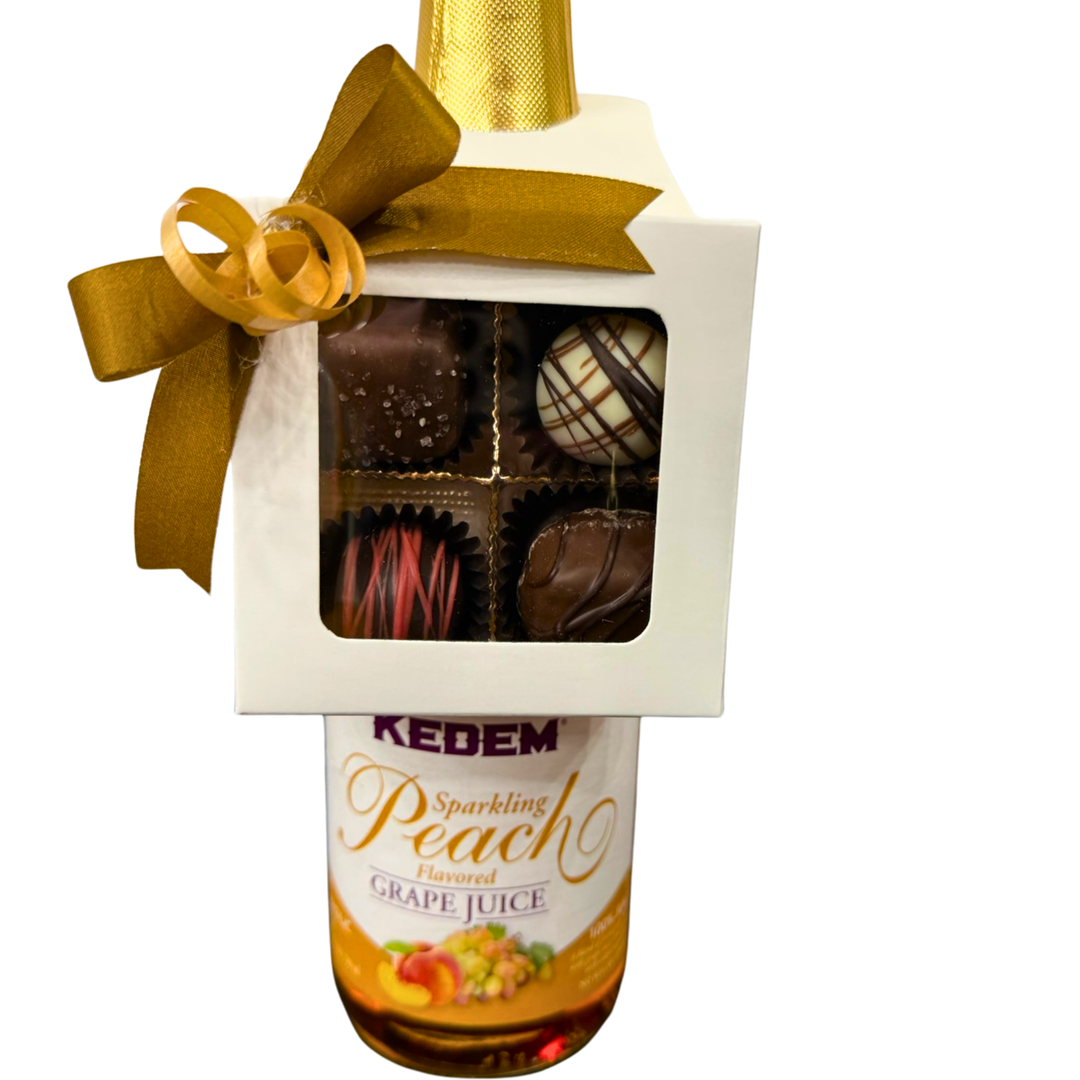 White bottle hanger favor box filled with chocolates by Dolce Confections Hewlett NY