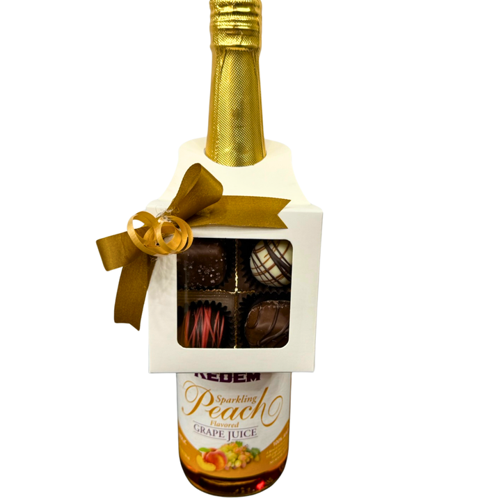 White bottle hanger favor box over wine bottle neck with signature chocolates inside