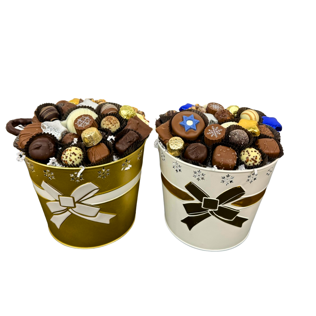 Hanukkah chocolate assortment in decorative gift bucket with milk dark and white chocolates
