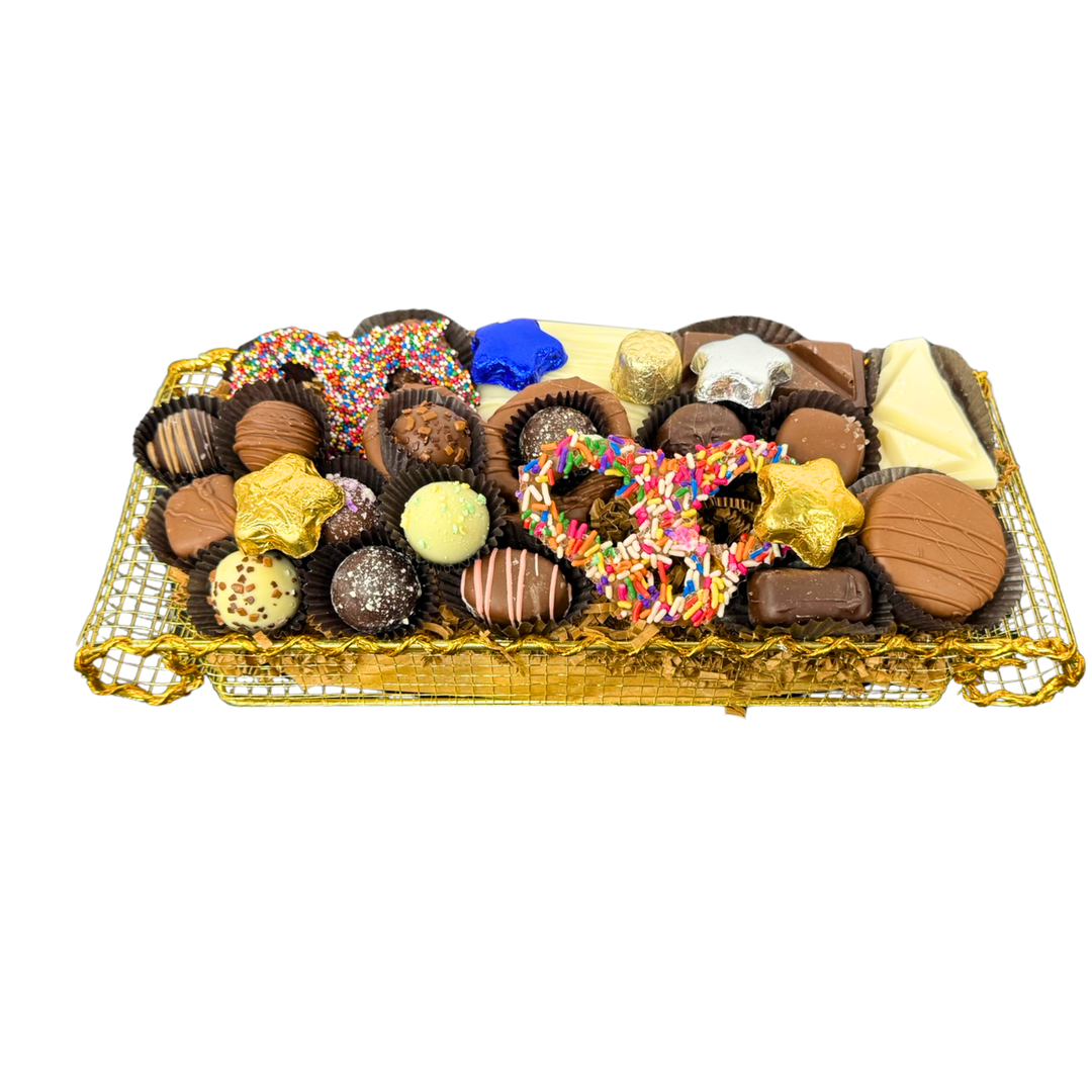 Handcrafted Hanukkah chocolate gift basket in festive gold scroll basket Dolby Confections