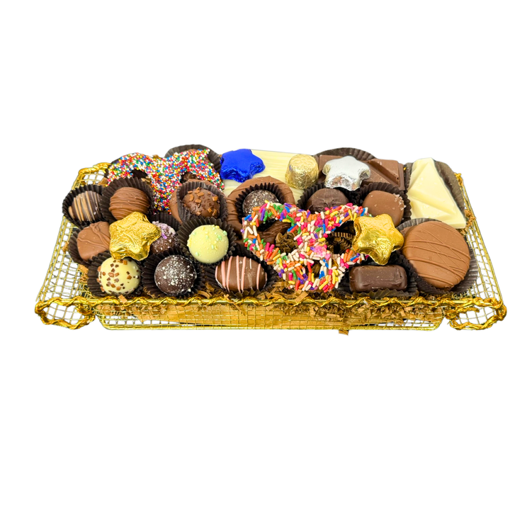 Handcrafted Hanukkah chocolate gift basket in festive gold scroll basket Dolby Confections