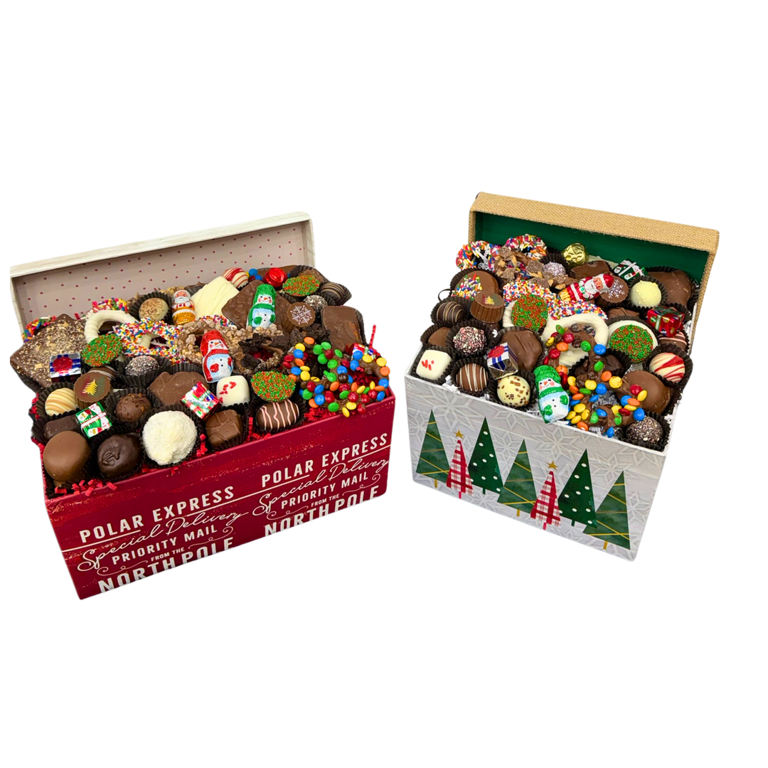 Christmas box filled with assorted Belgian chocolates Dolce Confections Hewlett NY