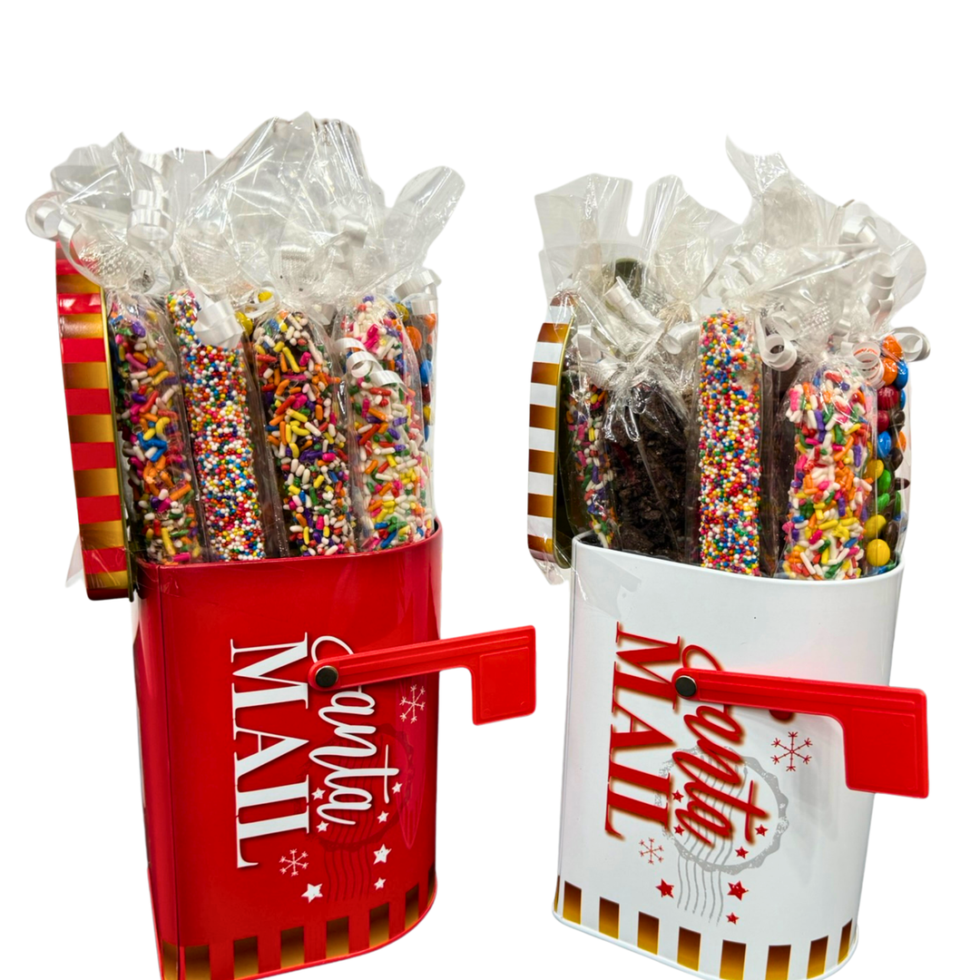 Christmas mailbox tin filled with chocolate-covered pretzel rods Dolce Confections Hewlett NY