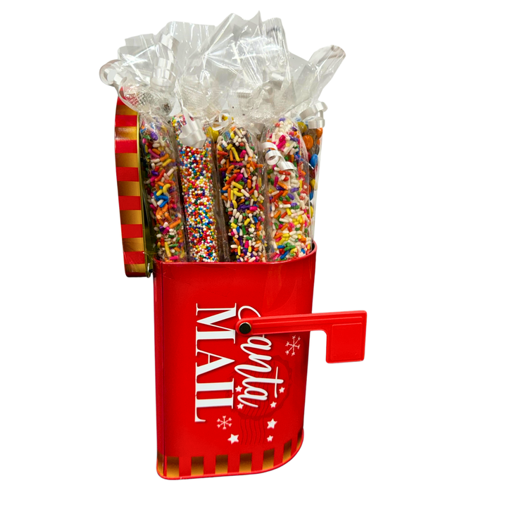 Kosher chocolate pretzel rods in Christmas mailbox tin gift Hewlett NY