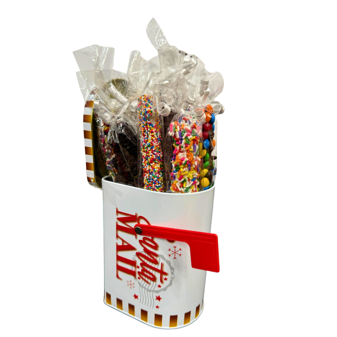 Dolce Confections Christmas mailbox tin assorted chocolate-covered pretzels nationwide shipping