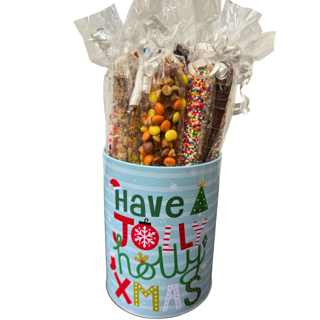 Corporate gift pretzel tin assorted chocolate covered pretzels Dolce Confections