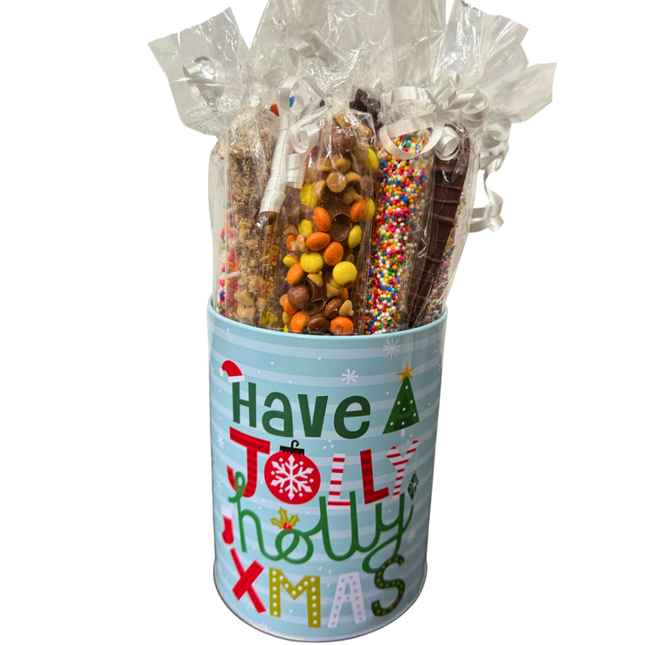 Corporate gift pretzel tin assorted chocolate covered pretzels Dolce Confections