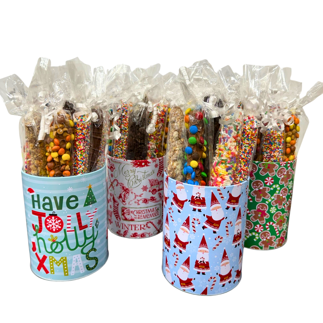 Pretzel tin filled with chocolate-covered pretzels milk white dark Dolce Confections Hewlett NY