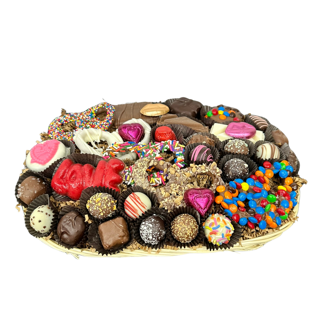 Valentine’s Day chocolate gift basket with assorted premium handcrafted chocolates
