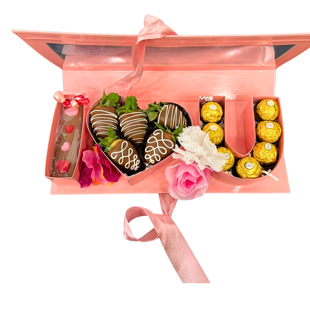 Assorted premium chocolates in love themed gift box by Dolce Confections
